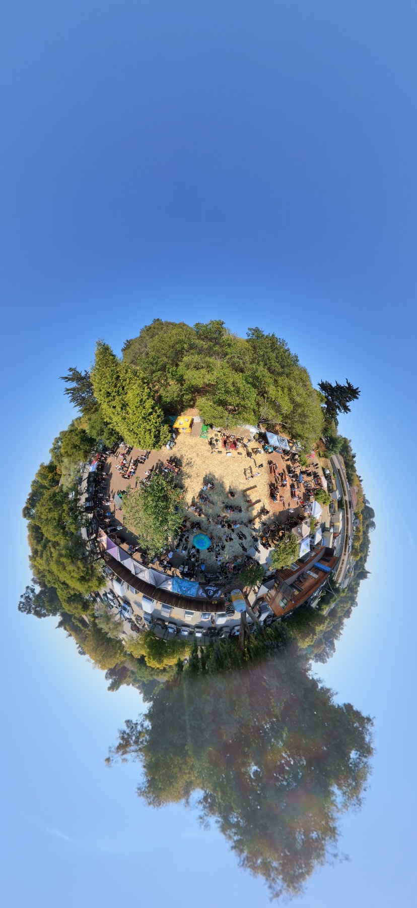 Aerial little-planet panorama of an outdoor gathering ringed by trees, shot with a 360-degree drone camera